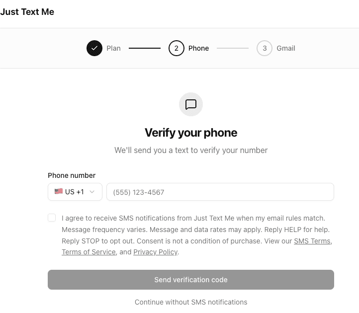 Screenshot of the onboarding phone verification screen showing an unchecked SMS consent checkbox, phone number input, and Send verification code button